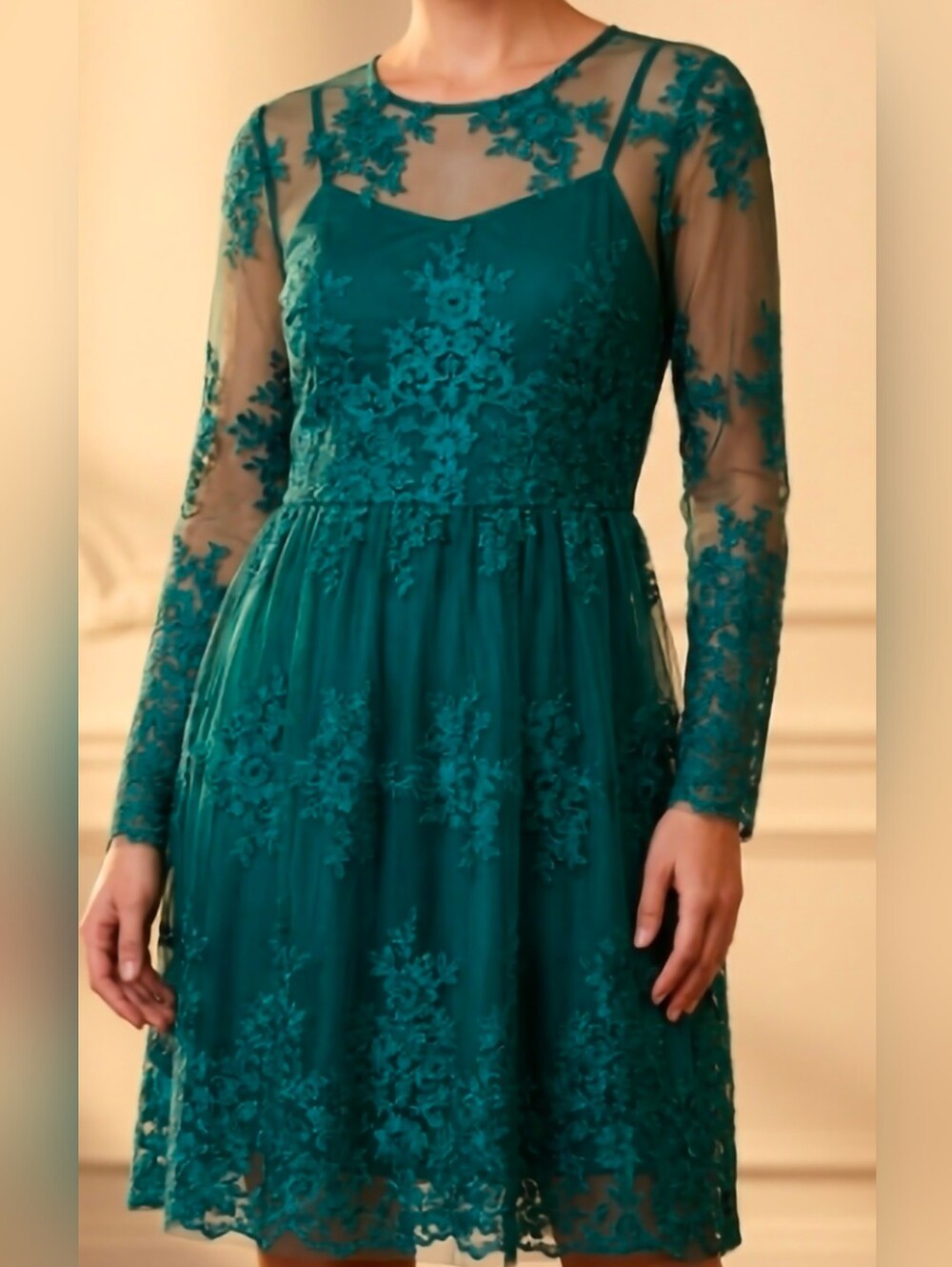 Taylor Teal Lace Dress with Floral Embroidery